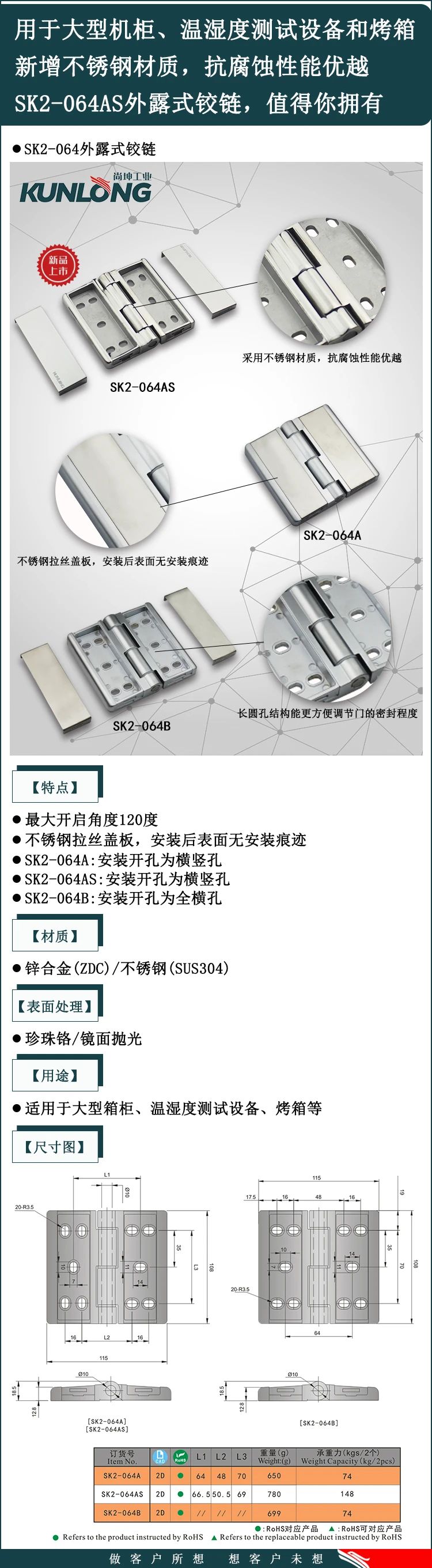 SK2-064AS不锈钢外露式铰链